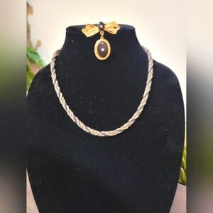 Vintage Multi Color Twisted Rope Chain & Black & Gold Brooch